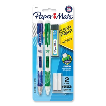 Paper Mate Clear Point Mechanical Pencils with Tube of Lead/Erasers, 0.9 mm, HB (#2), Black Lead, Assorted, PK2 PAP1759214